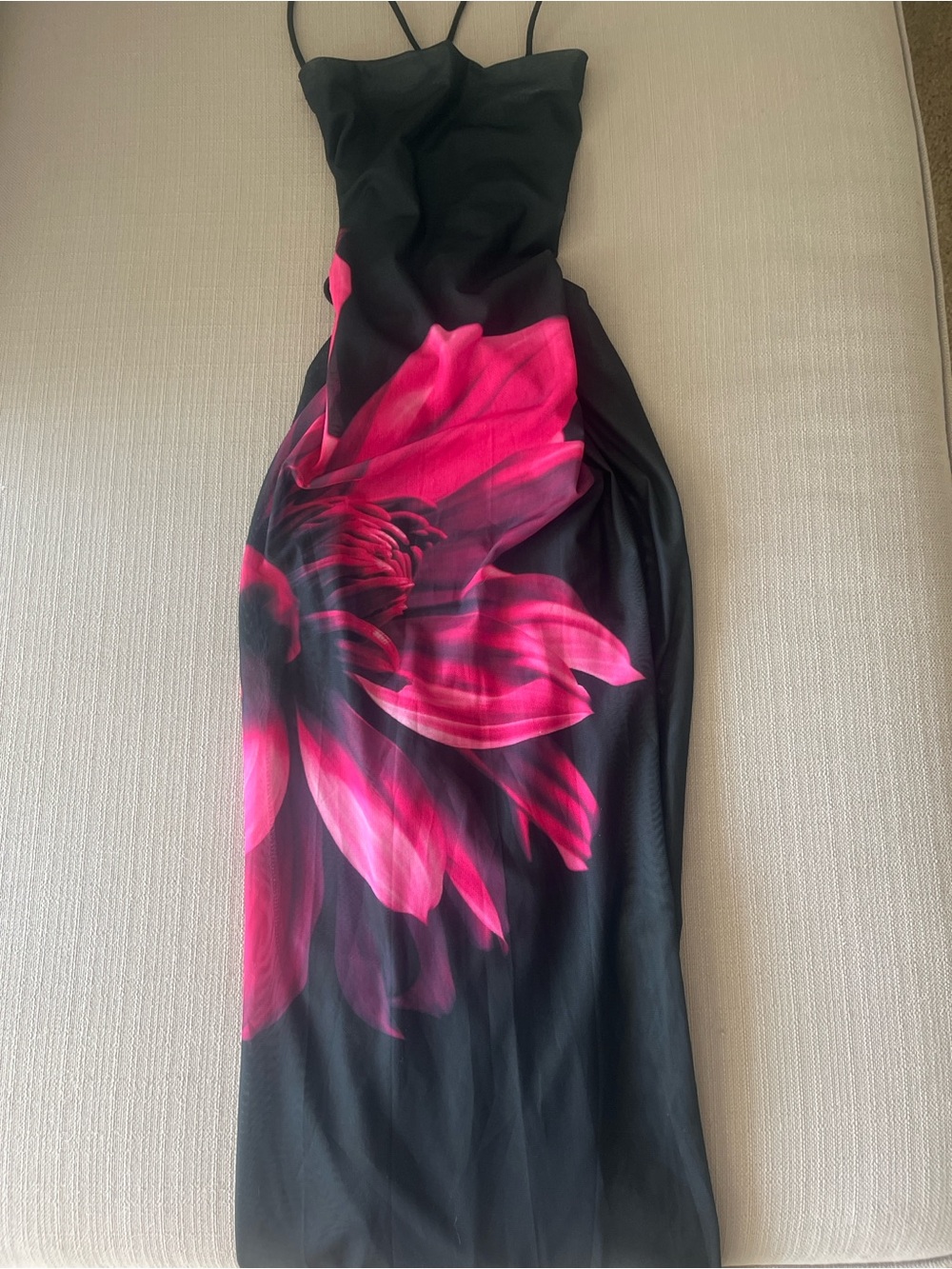 Black Maxi Dress with Bold Fuchsia Floral Accent